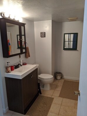 Combined shower/tub, hair dryer, towels, soap
