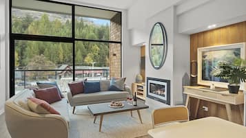 40-inch TV with satellite channels, fireplace