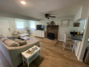 Smart TV, fireplace, video games, DVD player
