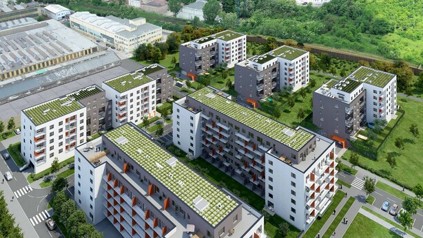 A modern apartment complex with rooftop gardens, multiple floors, and a central courtyard. - Spacious 2BR + balcony in Prague I Comfort & Style. (Praha 9)