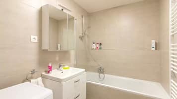 Hair dryer, towels, soap, shampoo