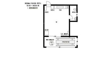 A hotel floor plan with a bedroom, bathroom, kitchen, and a BBQ area.