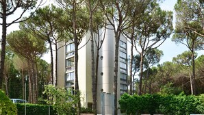 Un bâtiment moderne doté d’une piscine entourée d’arbres.