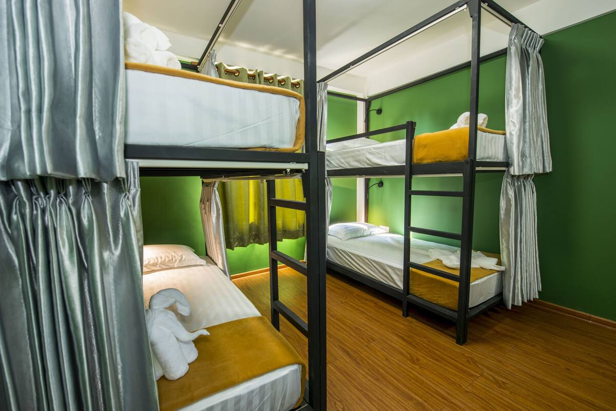 A bunk bed room with green walls and wooden flooring.