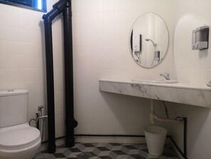 A bathroom with a toilet, sink, mirror, and black pipes. - Aurora Court (George Town)