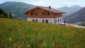 Ein zweistöckiges Holzhaus mit geneigtem Dach, eingebettet in eine Berglandschaft, im Vordergrund eine Wildblumenwiese.
