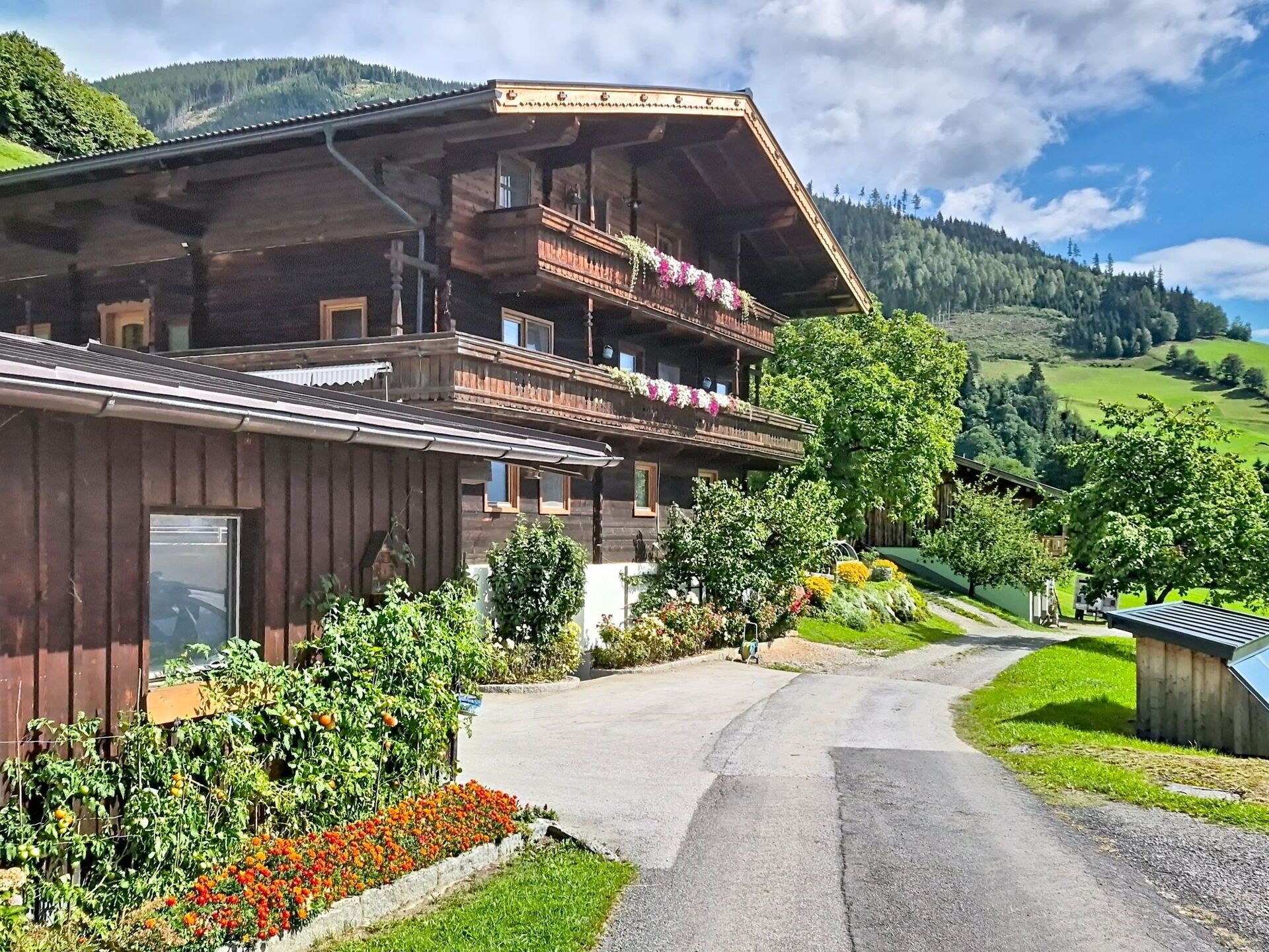 A wooden chalet with a balcony, surrounded by lush greenery and a mountain backdrop.