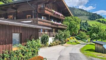 A wooden chalet with a balcony, surrounded by lush greenery and a mountain backdrop.