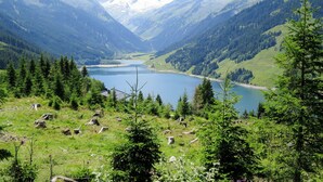 A mountainous landscape with a lake, surrounded by dense forests and snow-capped peaks. - Nice apartment for 4 guests with WIFI, TV and balcony (Mitterdorf)
