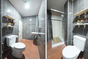 Shower, towels, toilet paper