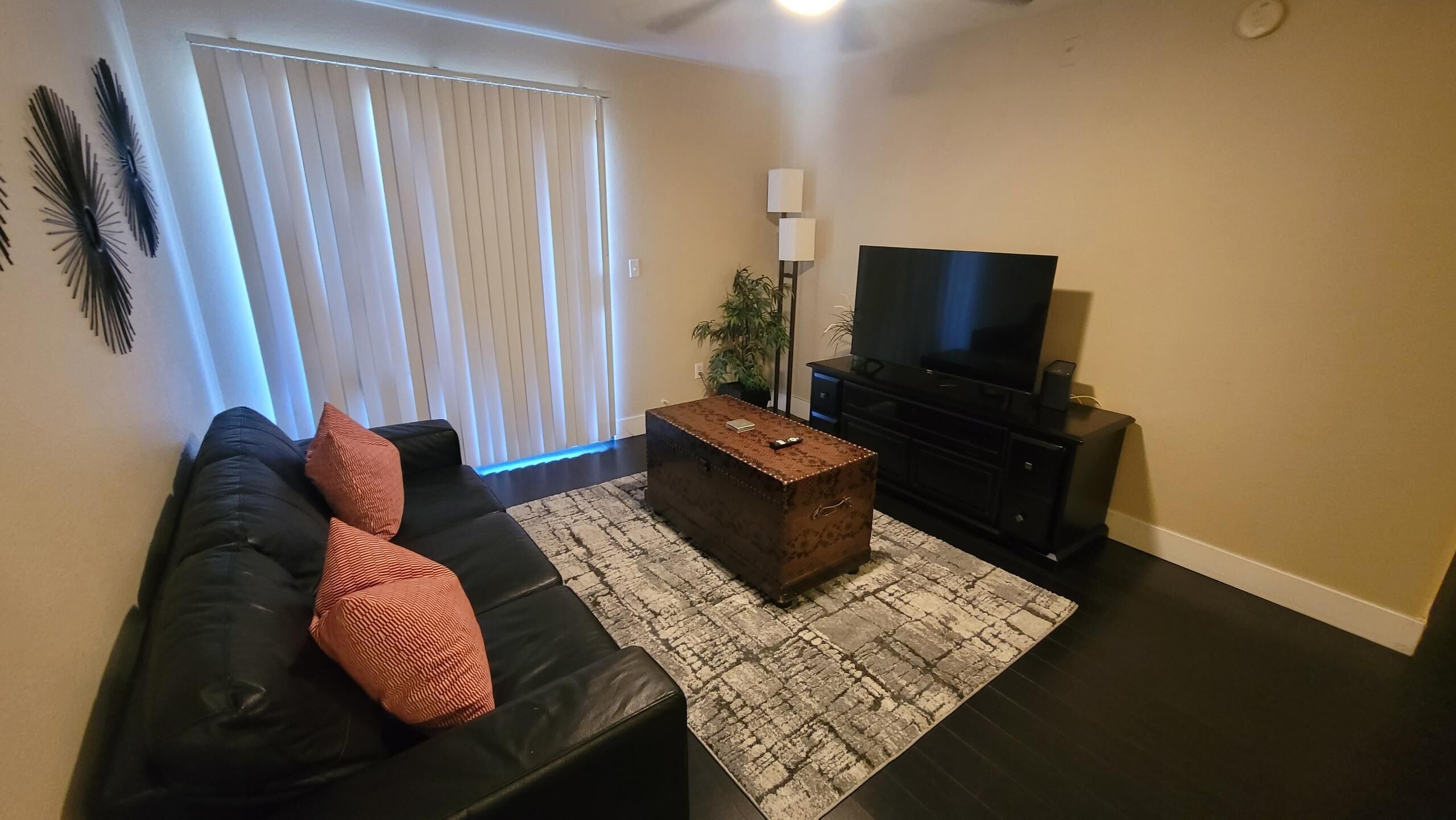 Un salon avec un canapé noir, un tapis à motifs, une table basse en bois, un téléviseur et une plante.