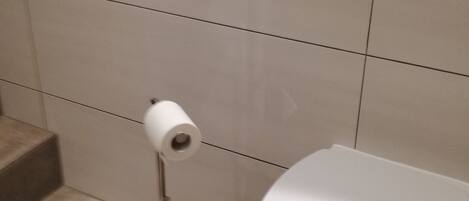Des toilettes avec un abattant blanc et un porte-rouleau de papier toilette.