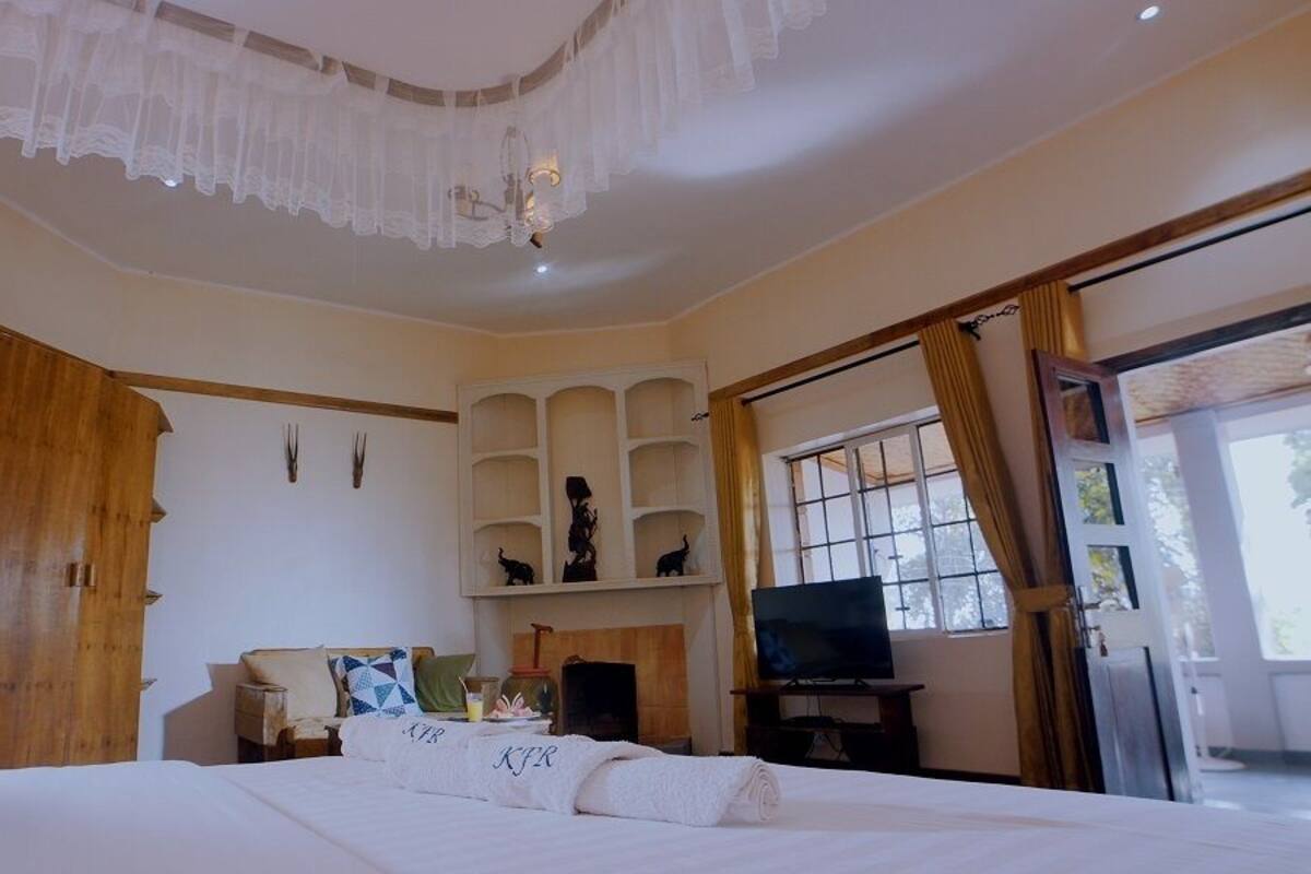 Une chambre à coucher avec un grand lit, une armoire en bois, une télévision et une cheminée.