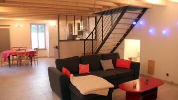 TV, fireplace, books