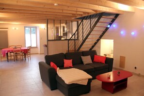 TV, fireplace, books