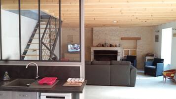 Télévision, cheminée, livres