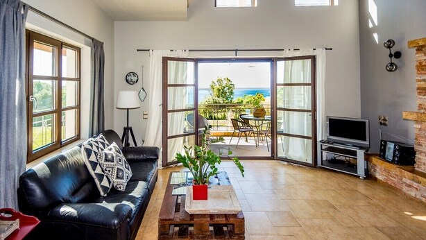 Amplia sala de estar con un sofá de cuero negro, una mesa de centro de madera con una planta, un televisor y una chimenea. Ventanas amplias ofrecen vistas al exterior.