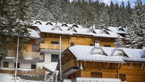 A multi-story wooden chalet with a sloped roof, surrounded by snow-covered trees. - Golte Apartments (Mozirje)
