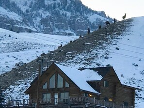 Un chalet en bois doté de grandes fenêtres et d’un balcon, niché au cœur d’un paysage montagneux enneigé.