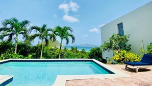 A swimming pool with a view of the ocean, surrounded by palm trees and a building with a window. - This stunning View Could Be Yours (West End)