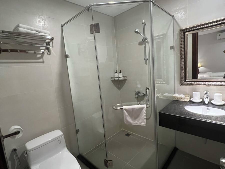 A modern bathroom with a glass-enclosed shower, a toilet, and a sink with a mirror above it.