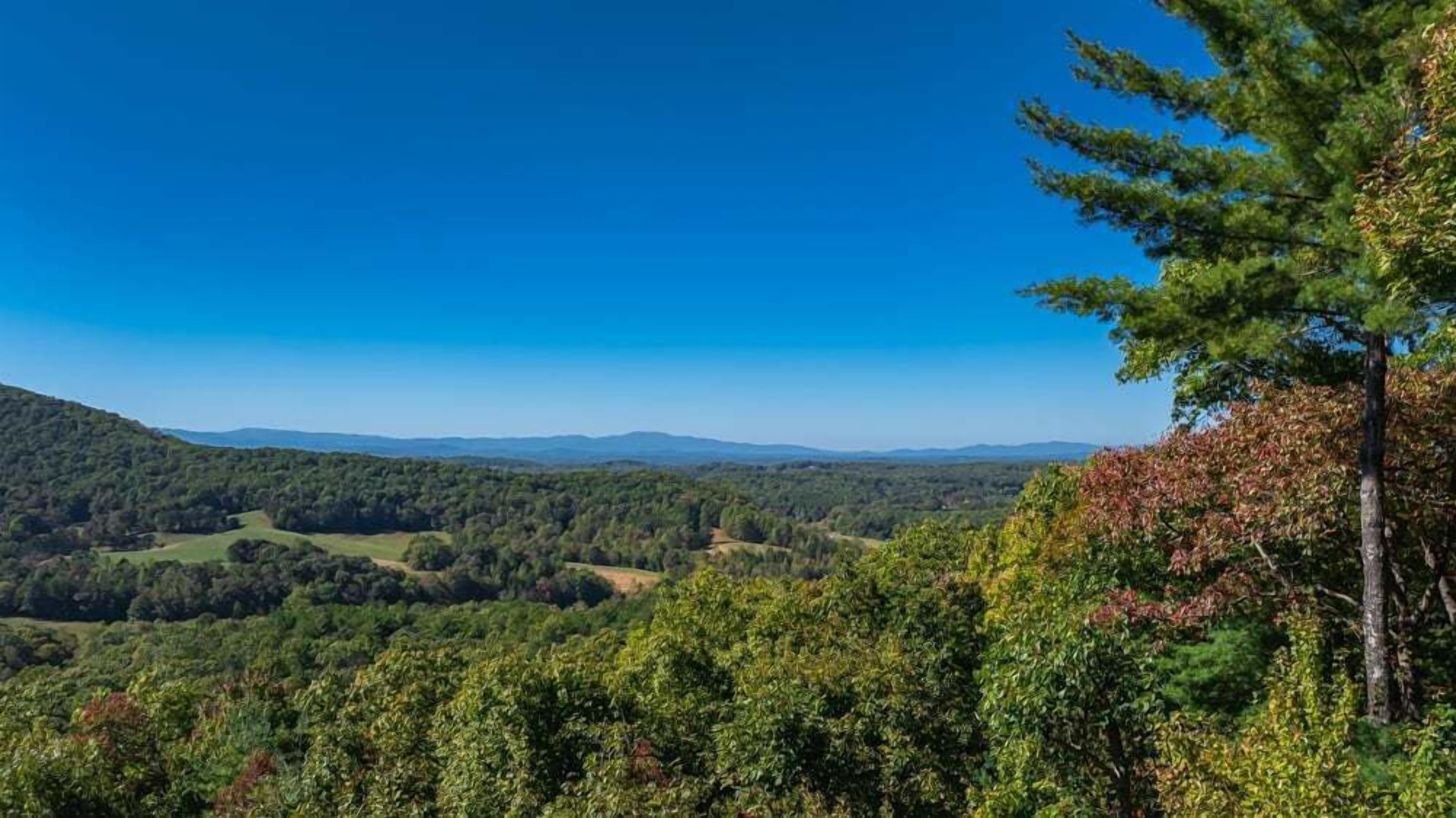Ein weites Panorama über eine gebirgige Landschaft mit dichten Wäldern und blauem Himmel.