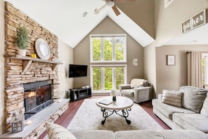 Smart TV, fireplace, video games, DVD player