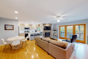 TV, fireplace, video game console, DVD player