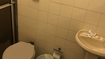 Chuveiro, toalhas de banho, papel higiênico