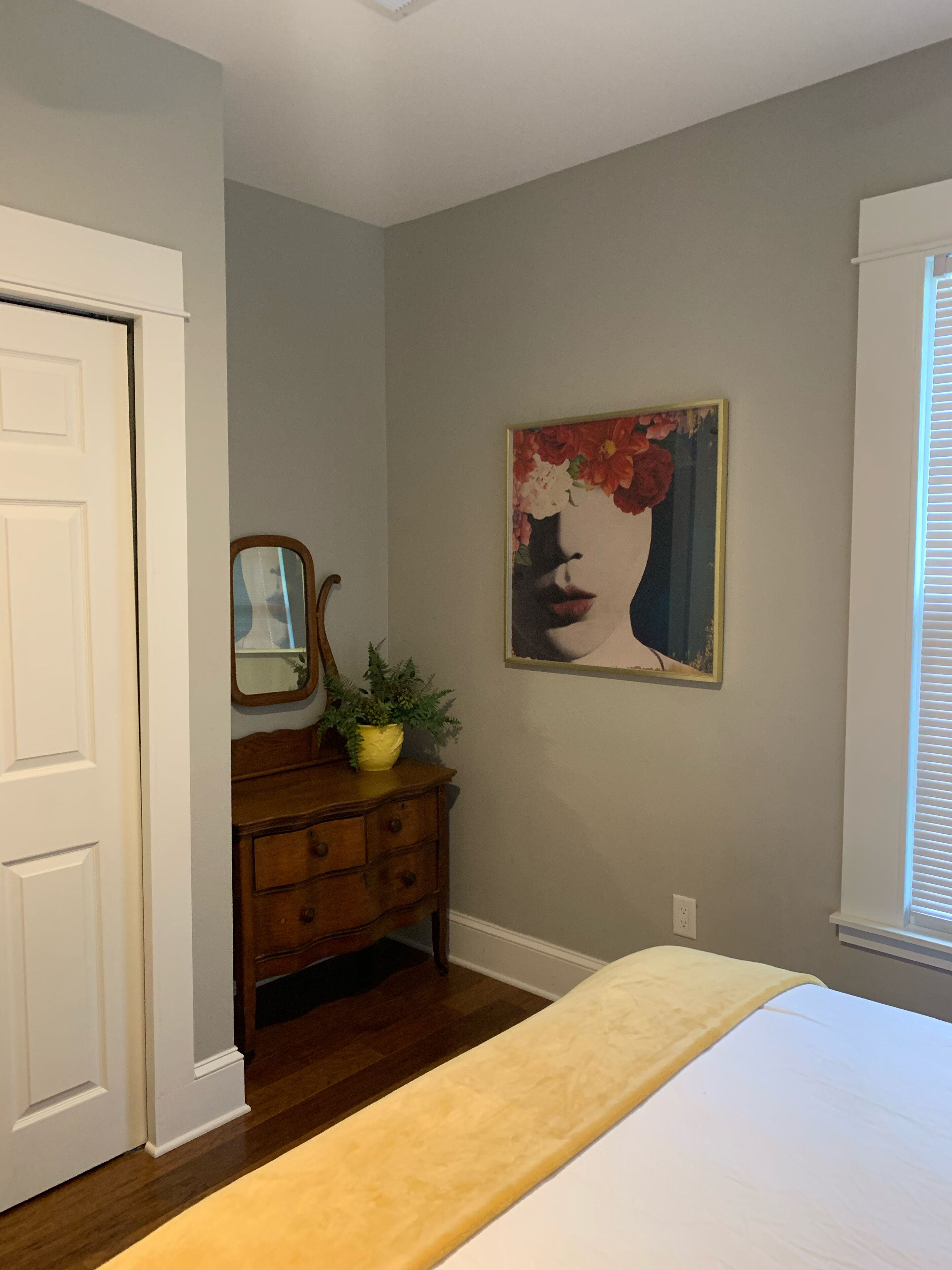 Une chambre à coucher avec un lit, une commode, un miroir, une plante en pot et un tableau accroché au mur.