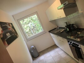 Cocina compacta con ventana, un lavabo, estufa y cubo de basura.