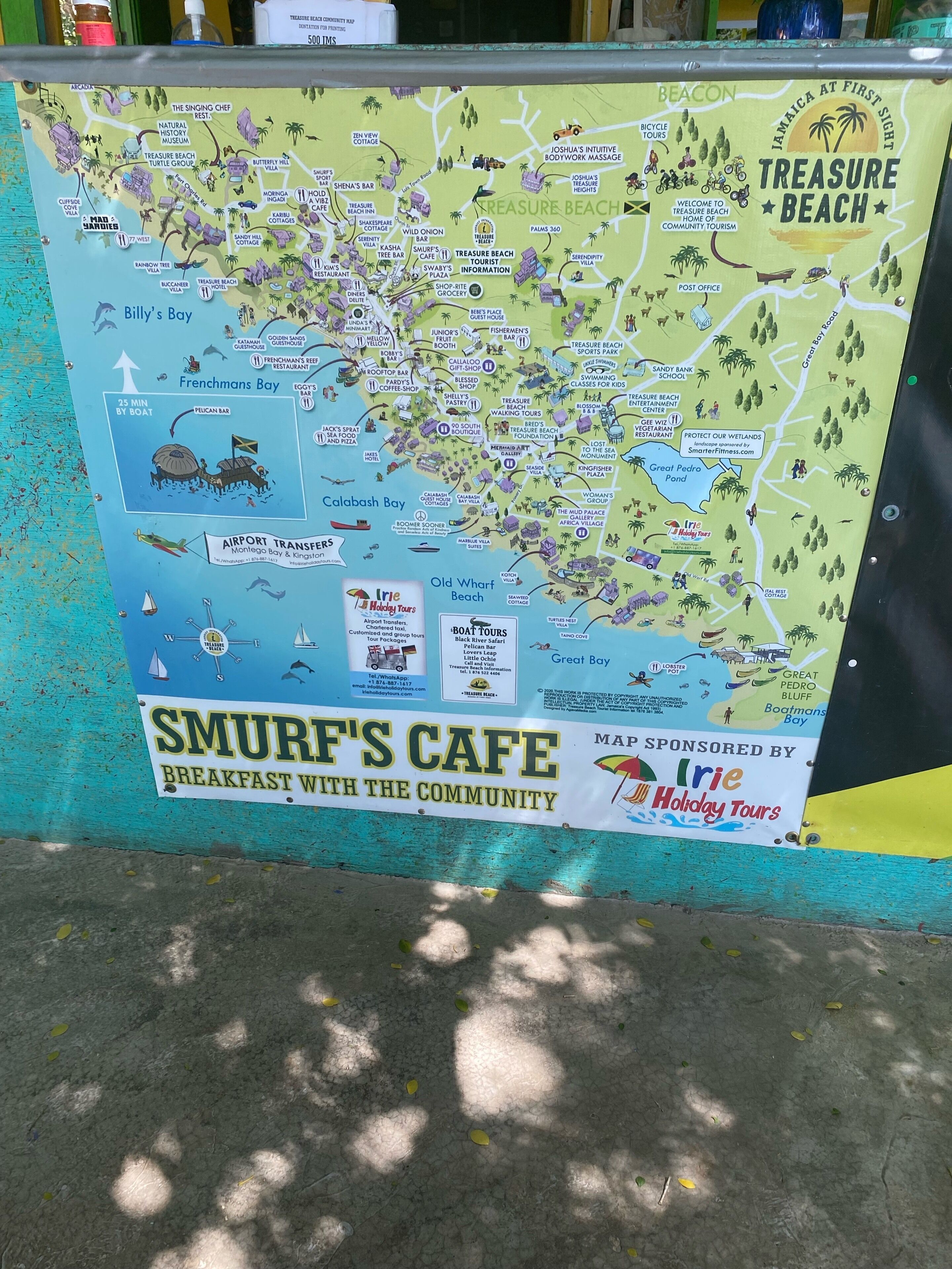 A map of Treasure Beach with amenities like bars, restaurants, and a beach.