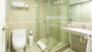 Douche, douche à « effet pluie », sèche-cheveux, serviettes fournies