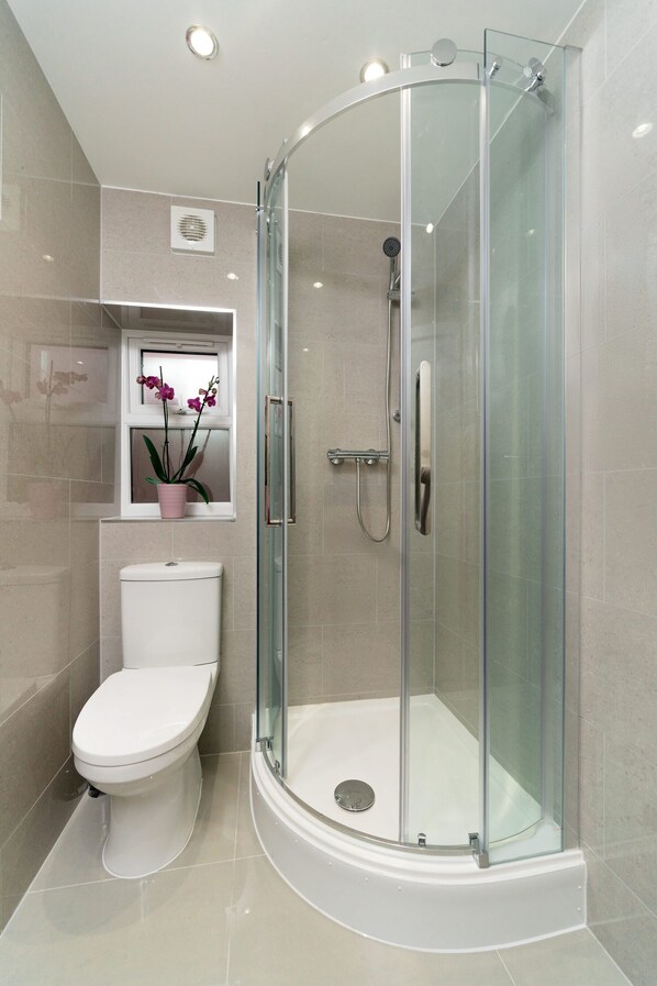 Shower, hair dryer, towels, soap