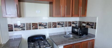 Fridge, microwave, oven, coffee/tea maker