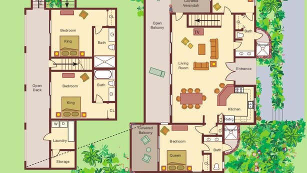A floor plan of Le Virage, St. John us Virgin Islands, featuring two bedrooms, a bathroom, a kitchen, a living room, a covered verandah, an open deck, and a pool. - Southern Breeze: Expansive Ocean Views! Amazing Sunrises! (St. John)