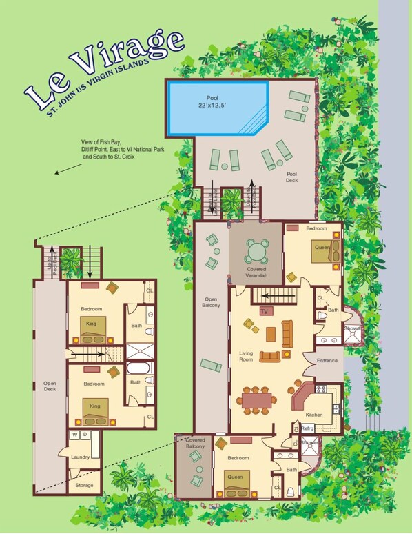 A floor plan of Le Virage, St. John us Virgin Islands, featuring two bedrooms, a bathroom, a kitchen, a living room, a covered verandah, an open deck, and a pool. - Southern Breeze: Expansive Ocean Views! Amazing Sunrises! (St. John)
