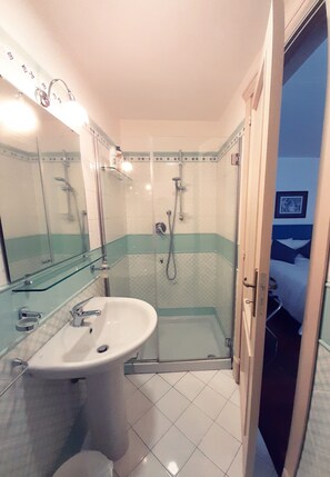 Combined shower/tub, hair dryer, bidet, towels