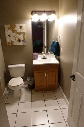 Combined shower/bathtub, hair dryer, towels, soap