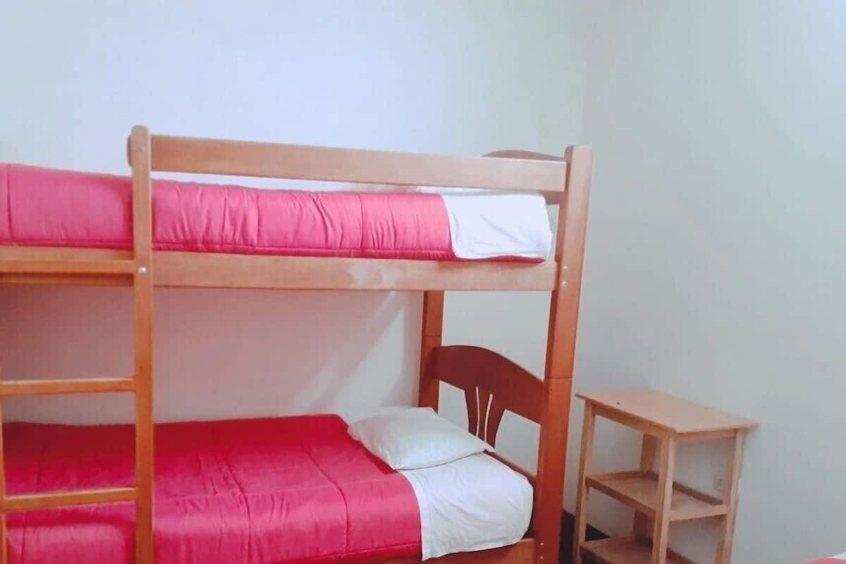 A bunk bed with a wooden frame, a red mattress, and a white pillow.