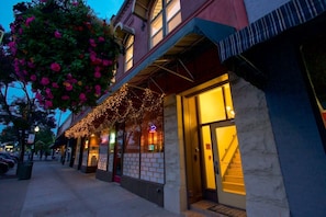 Main Street entrance. The private elevator and parking area are at the rear.