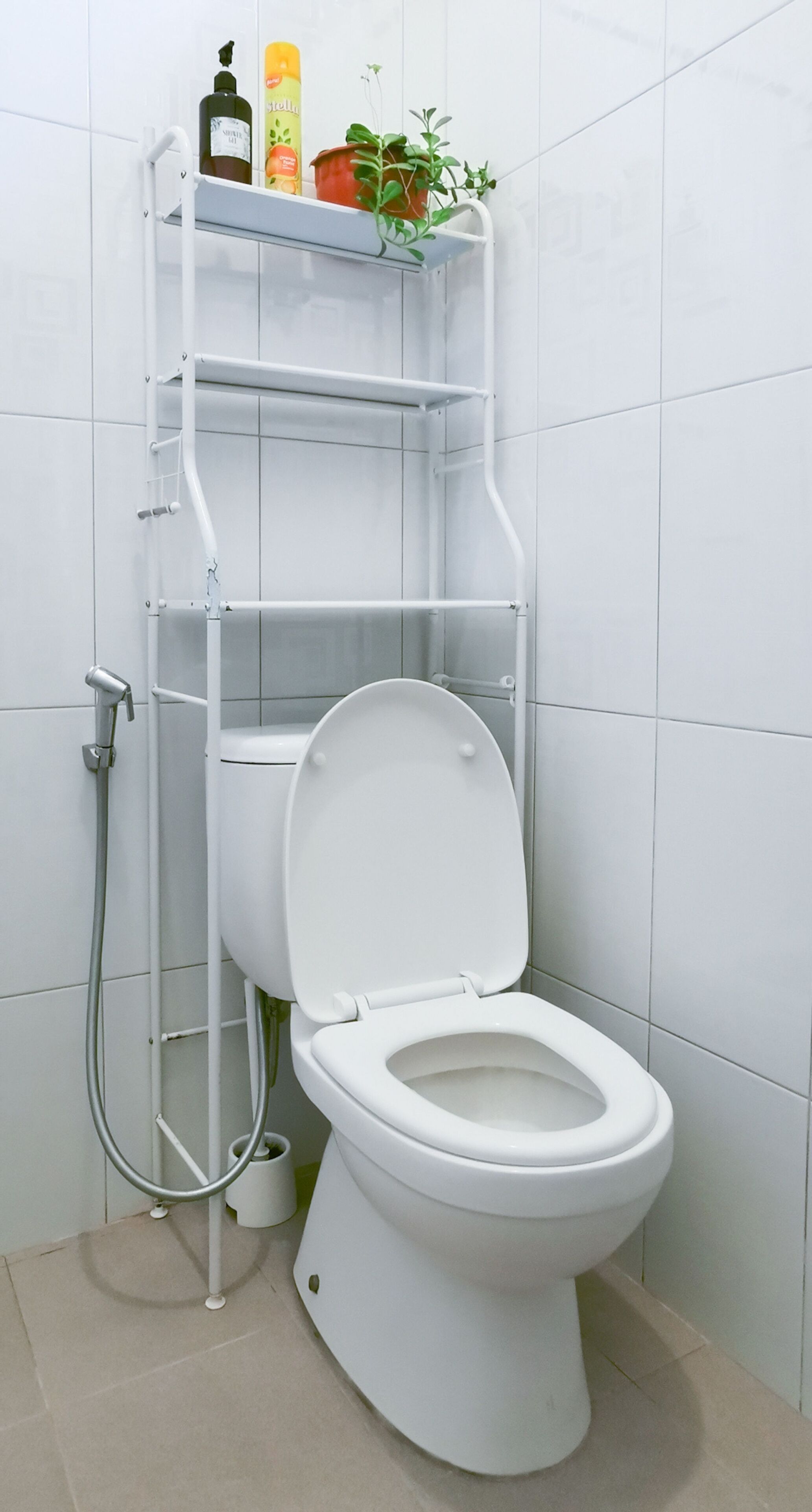 A white toilet with a raised seat and a white wall-mounted shelf above it.