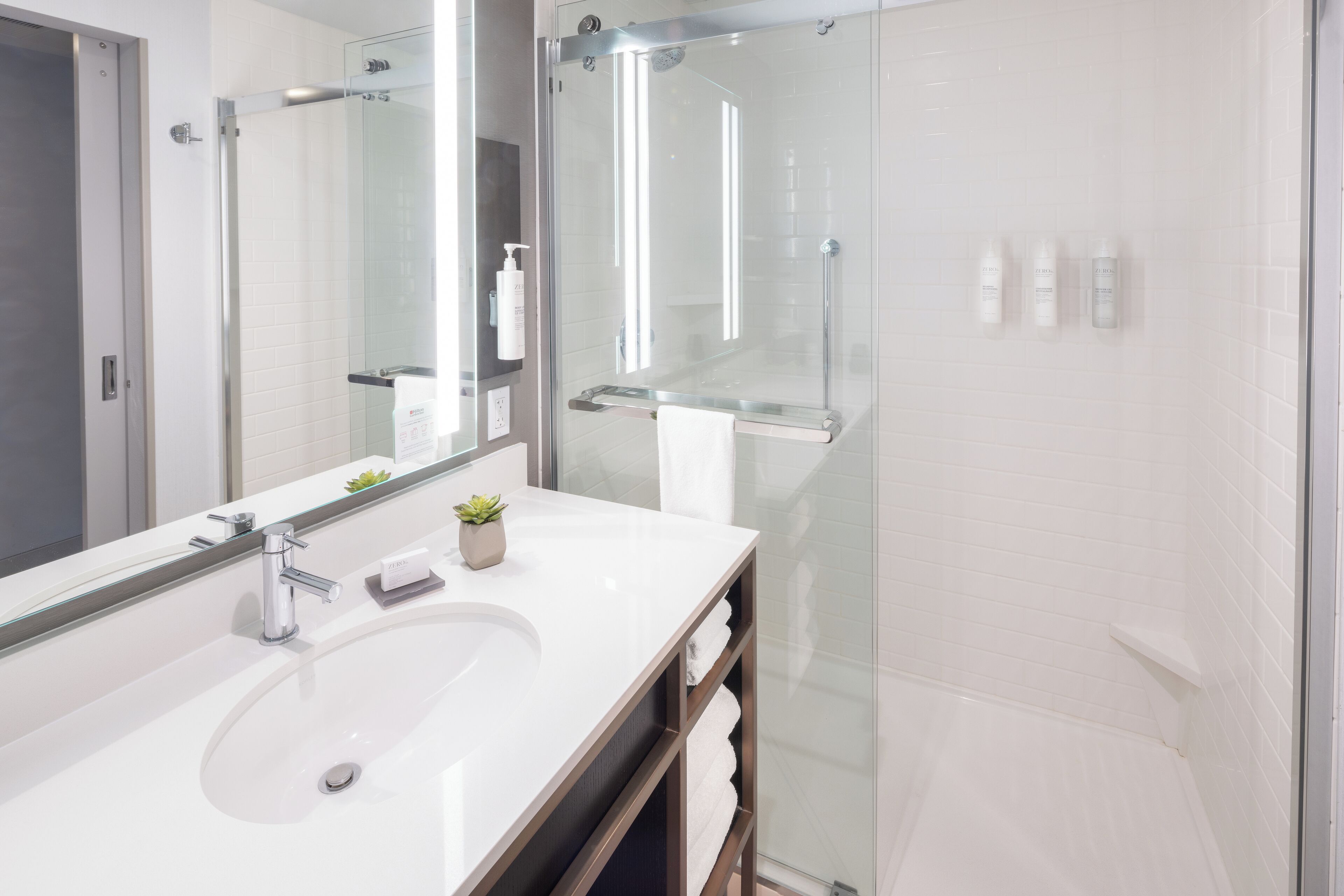 A modern bathroom with a glass-enclosed shower, a large mirror, and a white sink.