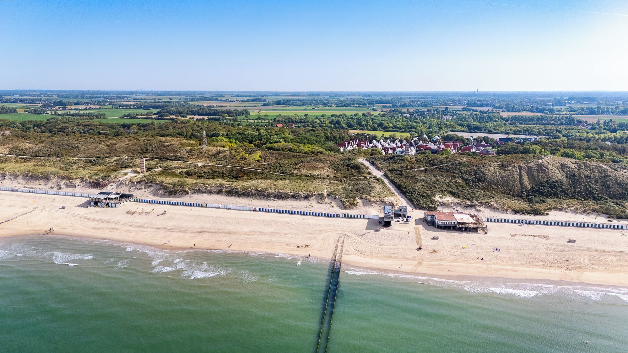 An aerial view of a coastal area with a beach, a pier, and a residential area with houses.