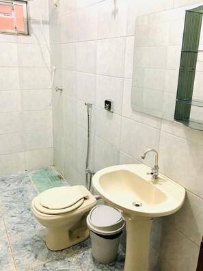 Bathroom features a pedestal sink, toilet, and handheld showerhead.