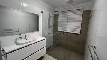 Combined shower/bathtub, hair dryer, towels, soap