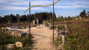 A dirt path leading to a wooden bench area with a sign indicating 'DER GOLDENE PFAD'.