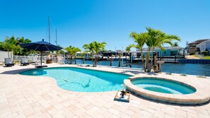 A heated pool, pool loungers
