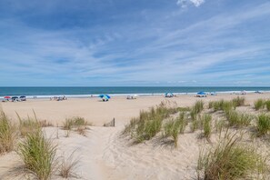 Una playa arenosa con dunas, sombrillas y gente.