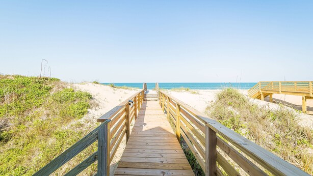A wooden boardwalk leading to a beach with sand dunes and a clear blue sky.